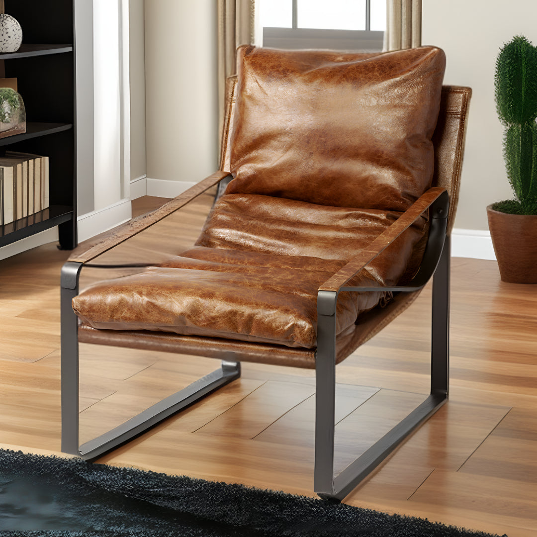 35" Brown And Black Leather Distressed Lounge Chair