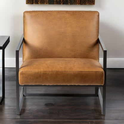 32" Brown and Black Faux Leather Distressed Arm Chair