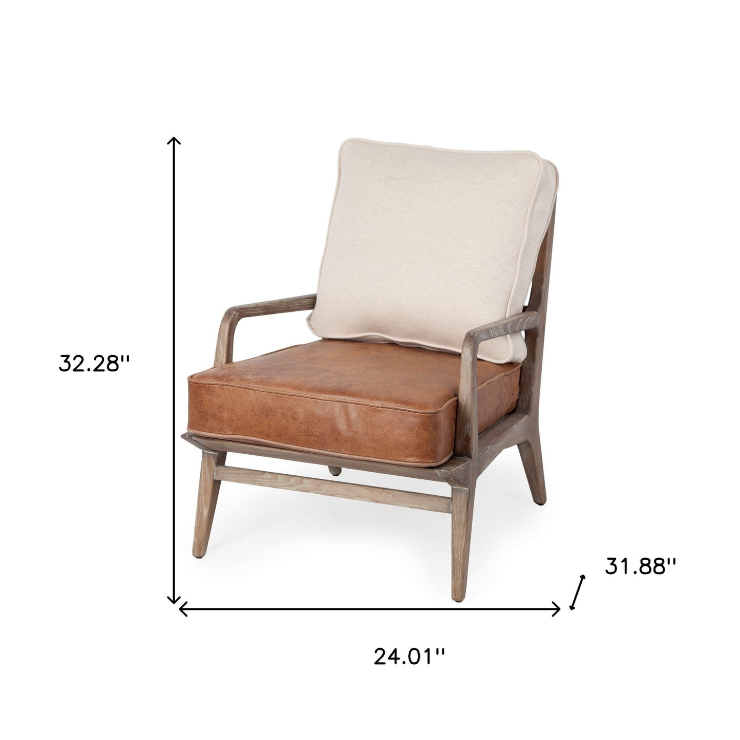 24" Beige and Brown And Brown Leather Arm Chair