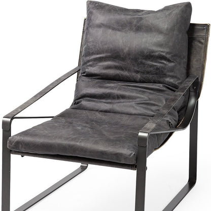35" Black Leather Distressed Arm Chair