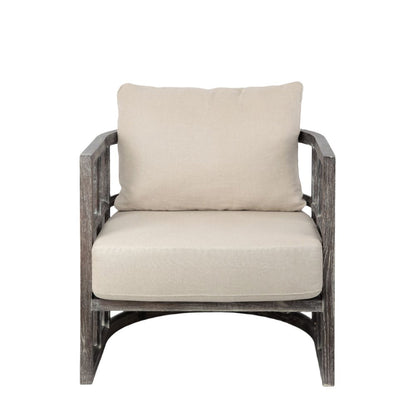 30" Cream and Brown Fabric Distressed Arm Chair