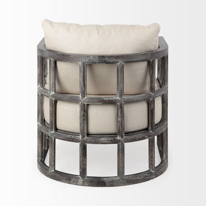 30" Cream and Brown Fabric Distressed Arm Chair