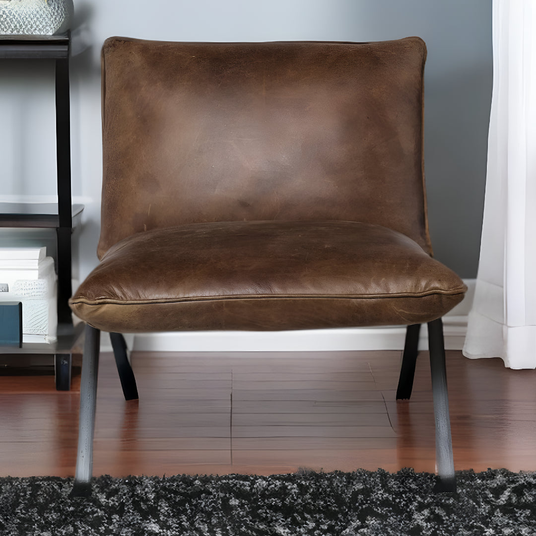 34" Brown And Black Top Grain Leather Distressed Slipper Chair