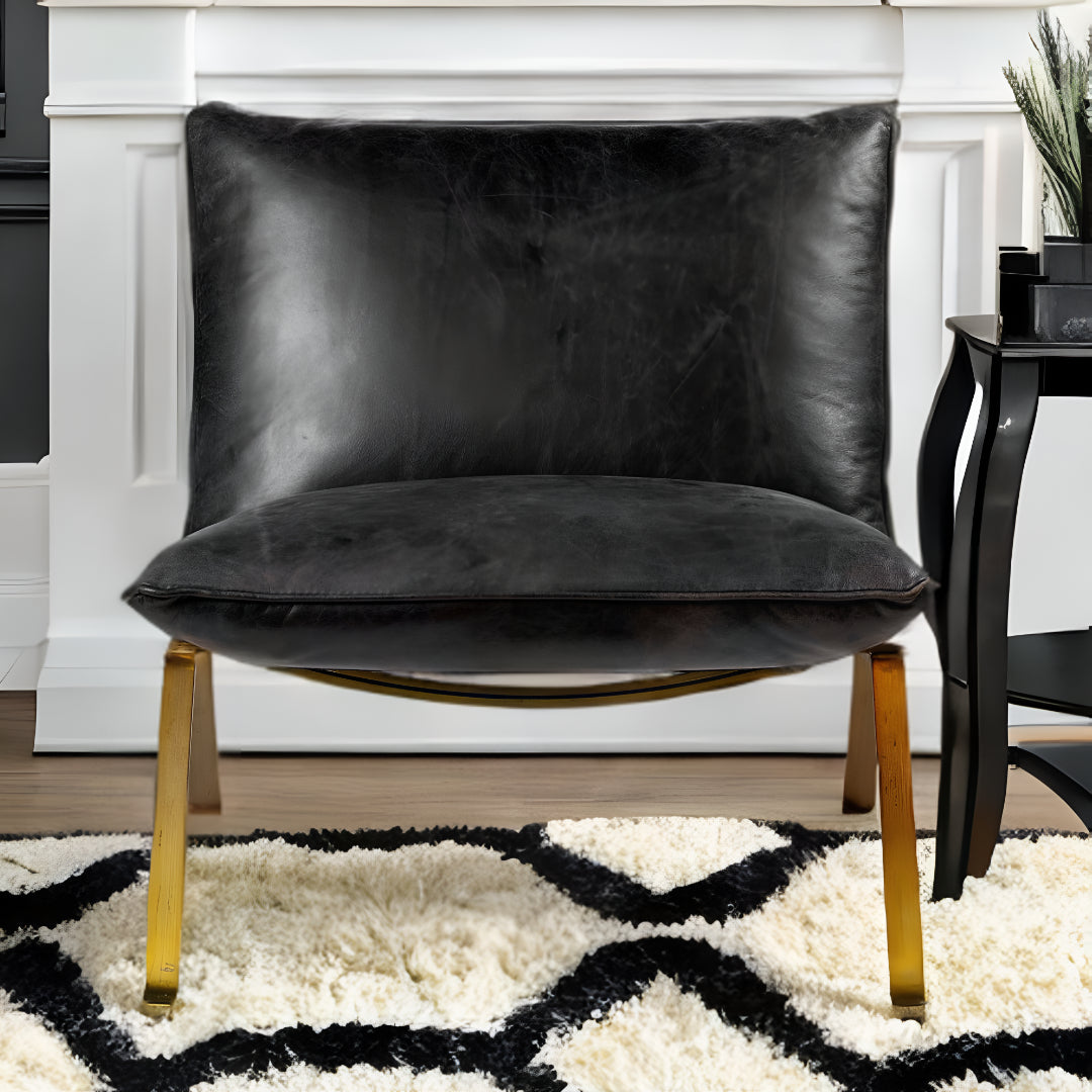 34" Black And Brass Top Grain Leather Distressed Slipper Chair