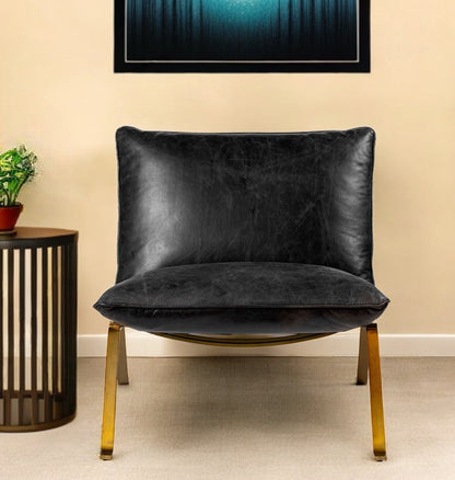 34" Black and Brass Top Grain Leather Distressed Slipper Chair
