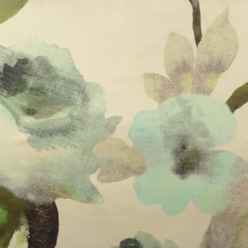 Watercolor floral print with pale turquoise-blue blooms and green leaves on a beige background, drapery fabric.