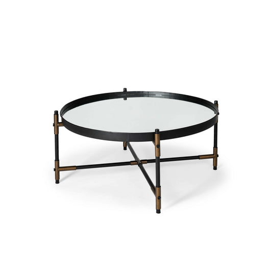 32" Clear Black and Bronze Glass And Metal Round Coffee Table