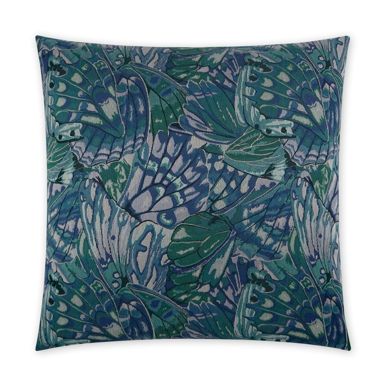 Decorative square throw pillow, 24" x 24", teal, blue and green with an abstract butterfly pattern.