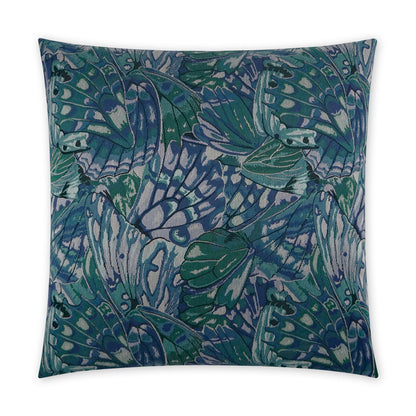 Decorative square throw pillow, 24" x 24", teal, blue and green with an abstract butterfly pattern.