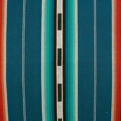 Pillow 24" x 24" with teal and blue striped woven fabric, central white stripe and black rectangular accents.
