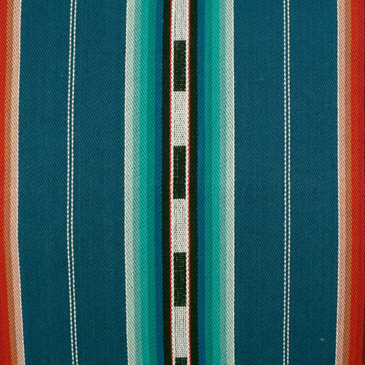 Striped woven fabric in teal and blue with orange borders and a central white stripe with black rectangular accents.