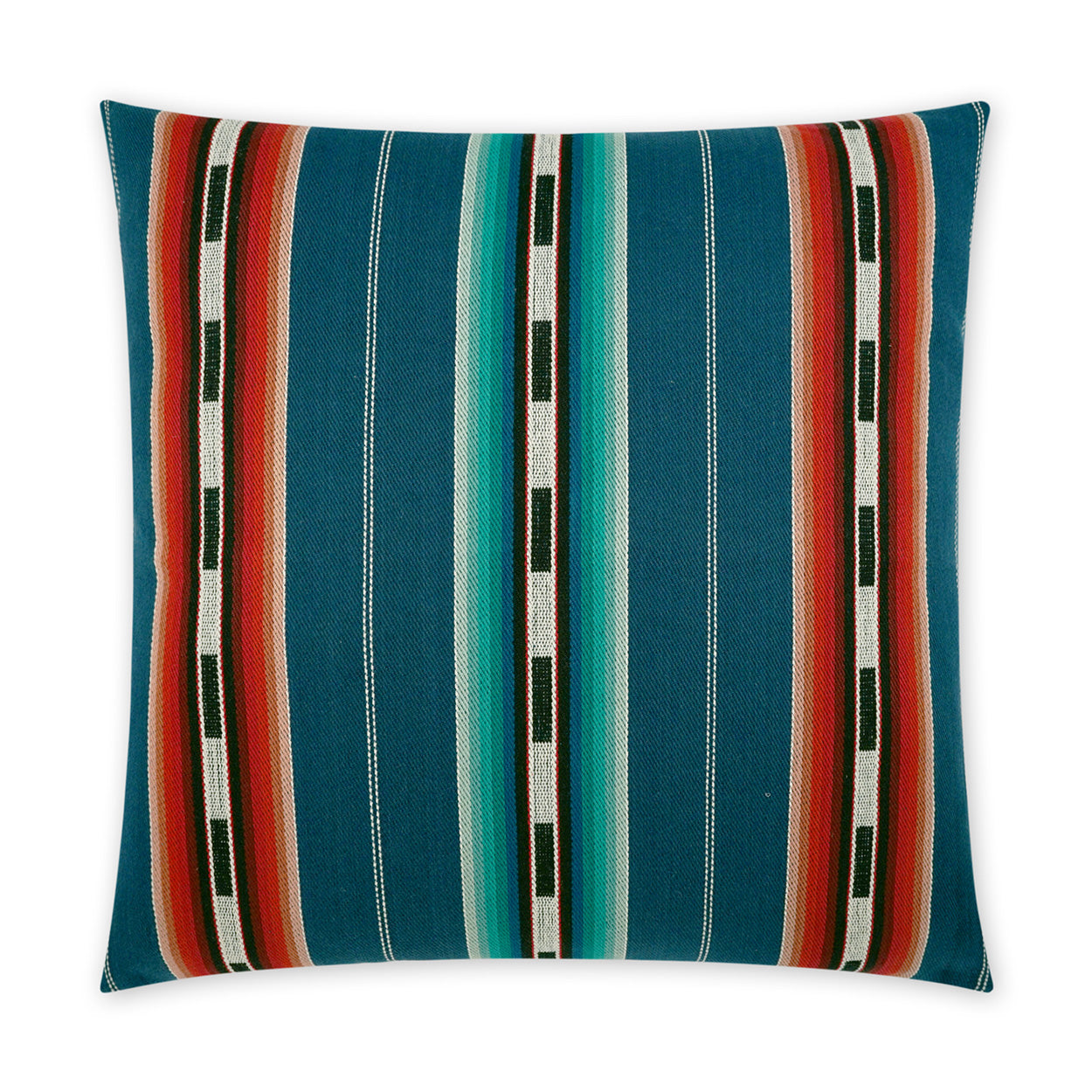 Rectangular throw pillow with teal, blue, orange & white vertical stripes in a serape-inspired pattern.