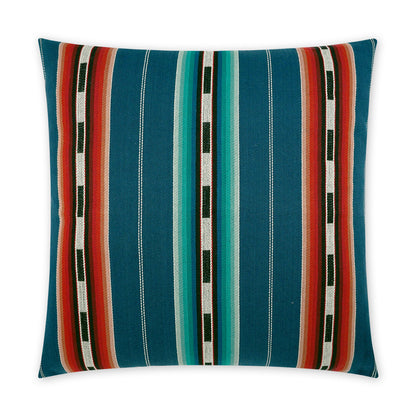 Rectangular throw pillow with teal, blue, orange & white vertical stripes in a serape-inspired pattern.