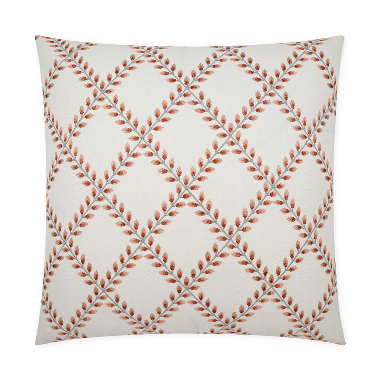 Square decorative throw pillow with coral background and orange leaf-patterned diamond lattice design.