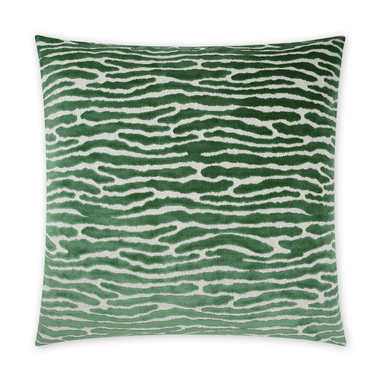 Square green and white zebra-stripe throw pillow, plush home decor accent.