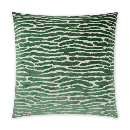 Square green and white zebra-stripe throw pillow, plush home decor accent.
