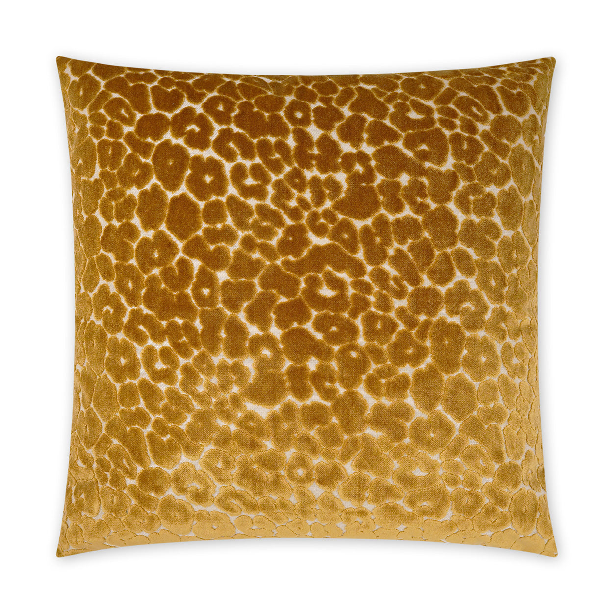 Square velvet decorative throw pillow in warm golden-brown leopard print.