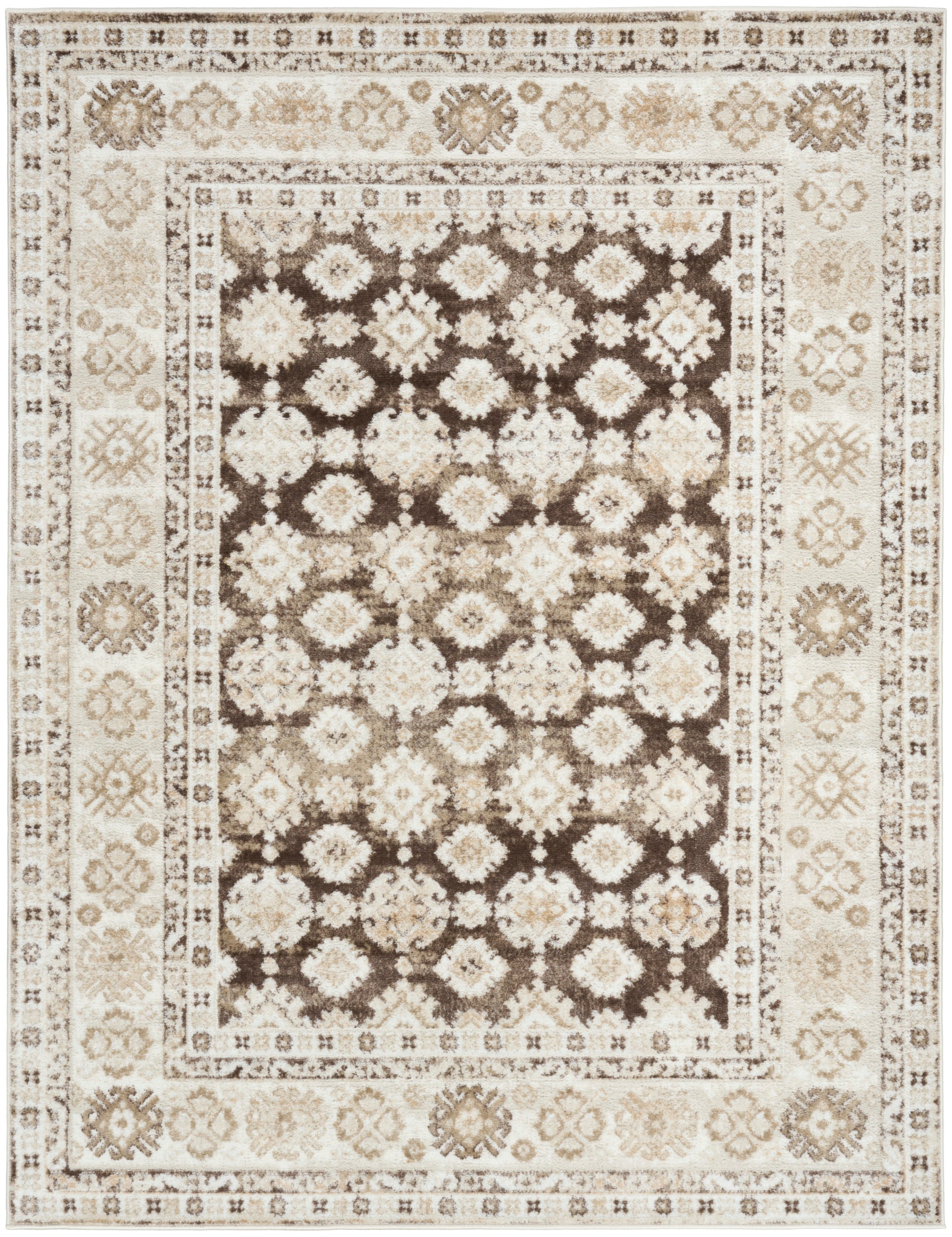 Rectangular oriental-style rug with a dark brown center and cream floral motifs, beige borders; classic living room accent.