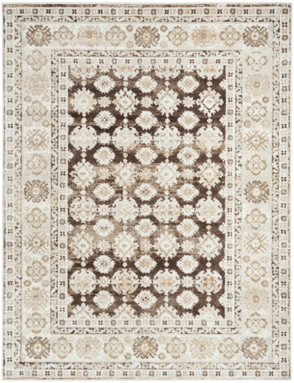 Rectangular oriental-style rug with a dark brown center and cream floral motifs, beige borders; classic living room accent.