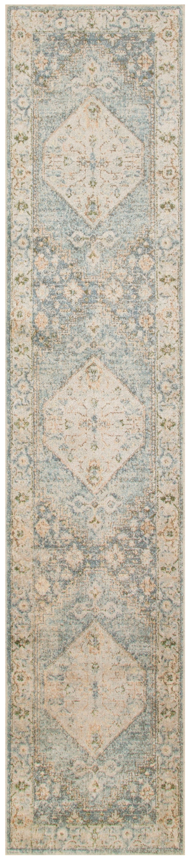 Long narrow rug runner with pale blue, beige and ivory geometric diamonds and intricate borders; Persian-inspired hallway decor.
