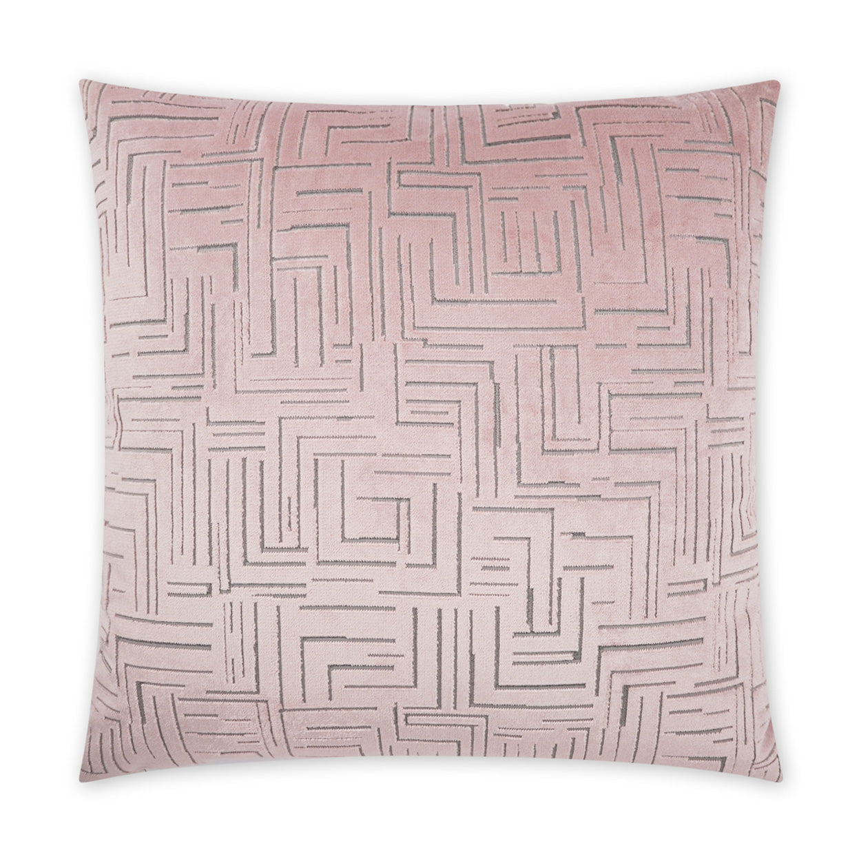 Pink square throw pillow with an abstract geometric maze pattern in darker pink, soft velvet texture.