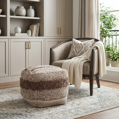 18" Beige Striped Pouf Ottoman