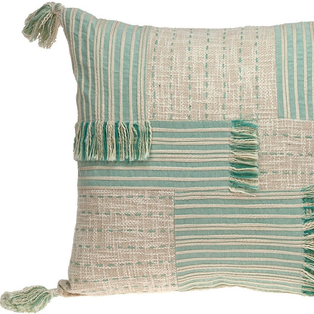 20" Beige And Mint Green Cotton Throw Pillow with Tassels And Texture