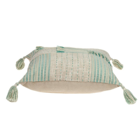 20" Beige And Mint Green Cotton Throw Pillow with Tassels And Texture