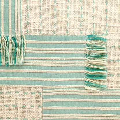 20" Beige And Mint Green Cotton Throw Pillow with Tassels And Texture