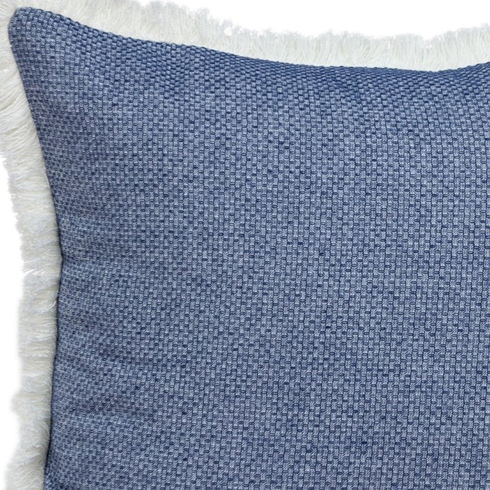 20" Blue and White Cotton Throw Pillow With Fringe