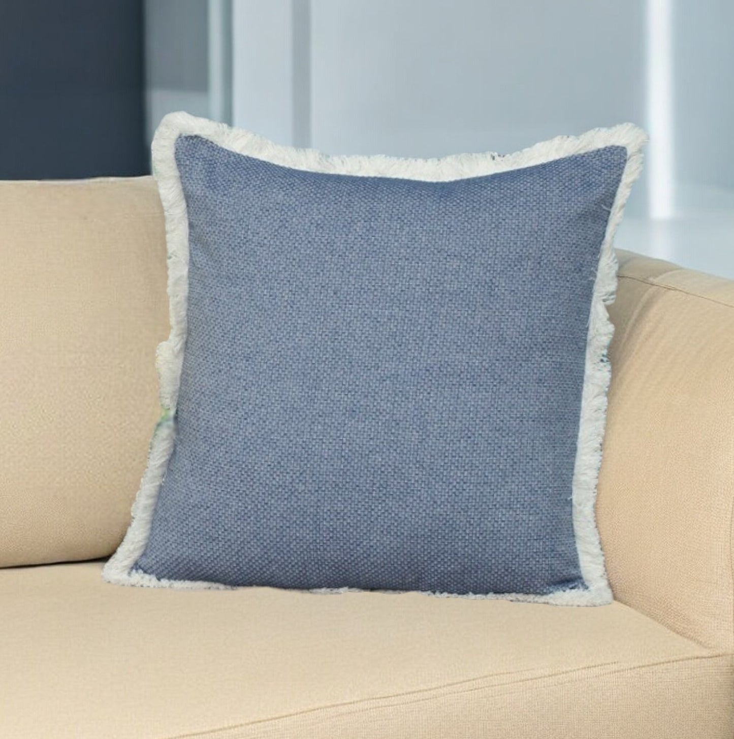 20" Blue and White Cotton Throw Pillow With Fringe