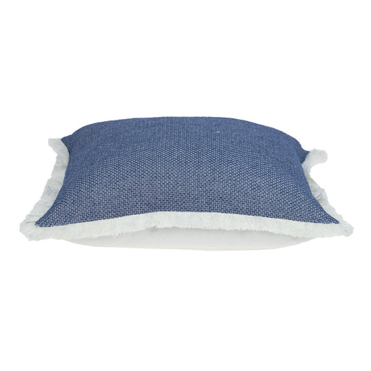 20" Blue and White Cotton Throw Pillow With Fringe