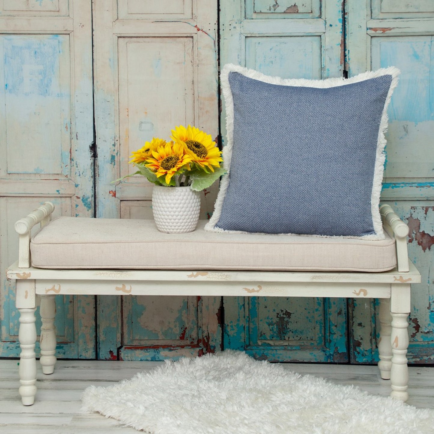 20" Blue and White Cotton Throw Pillow With Fringe