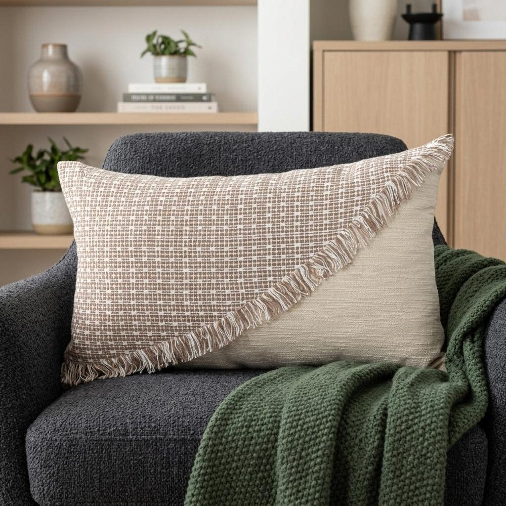 14" X 24" Beige Cotton Throw Pillow With Fringe