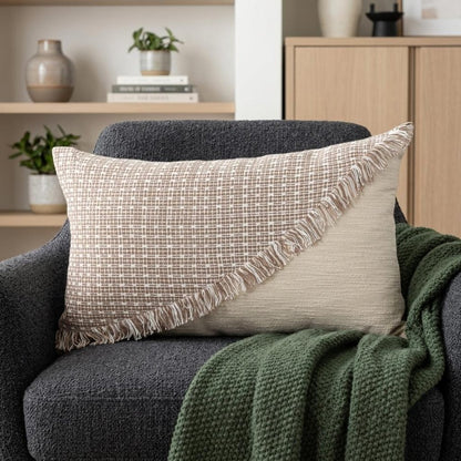 14" X 24" Beige Cotton Throw Pillow With Fringe