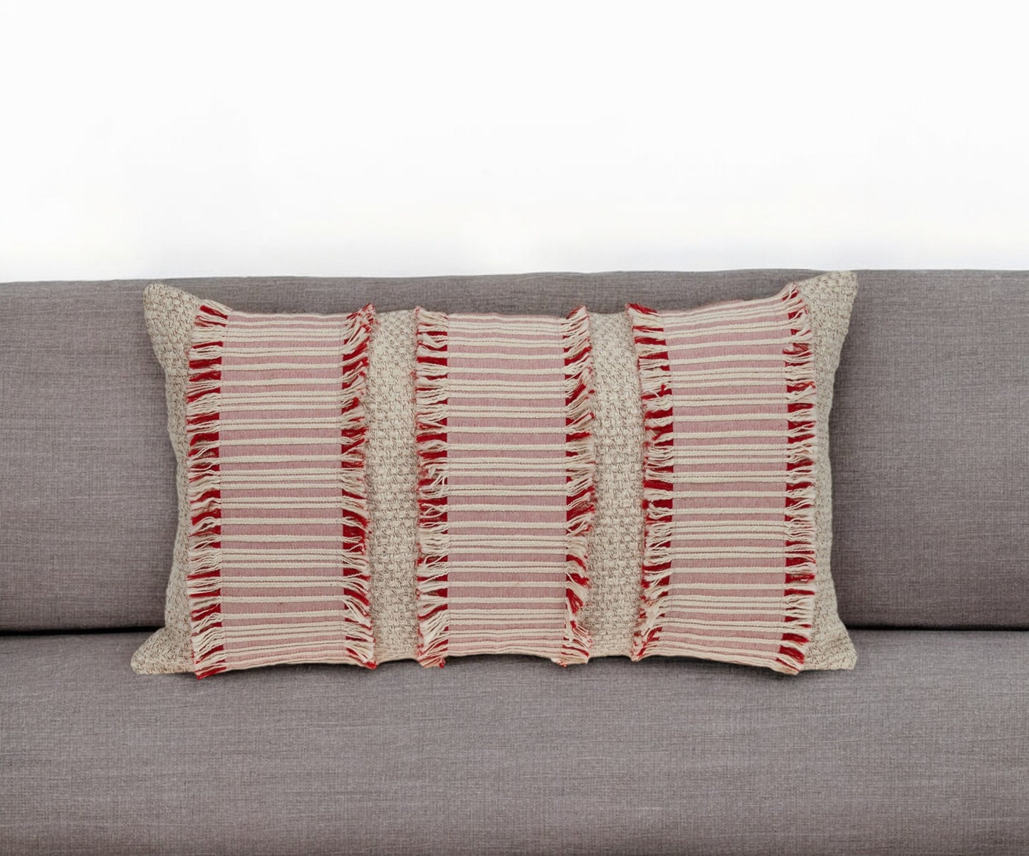 14" X 24" Beige Cotton Throw Pillow With Fringe