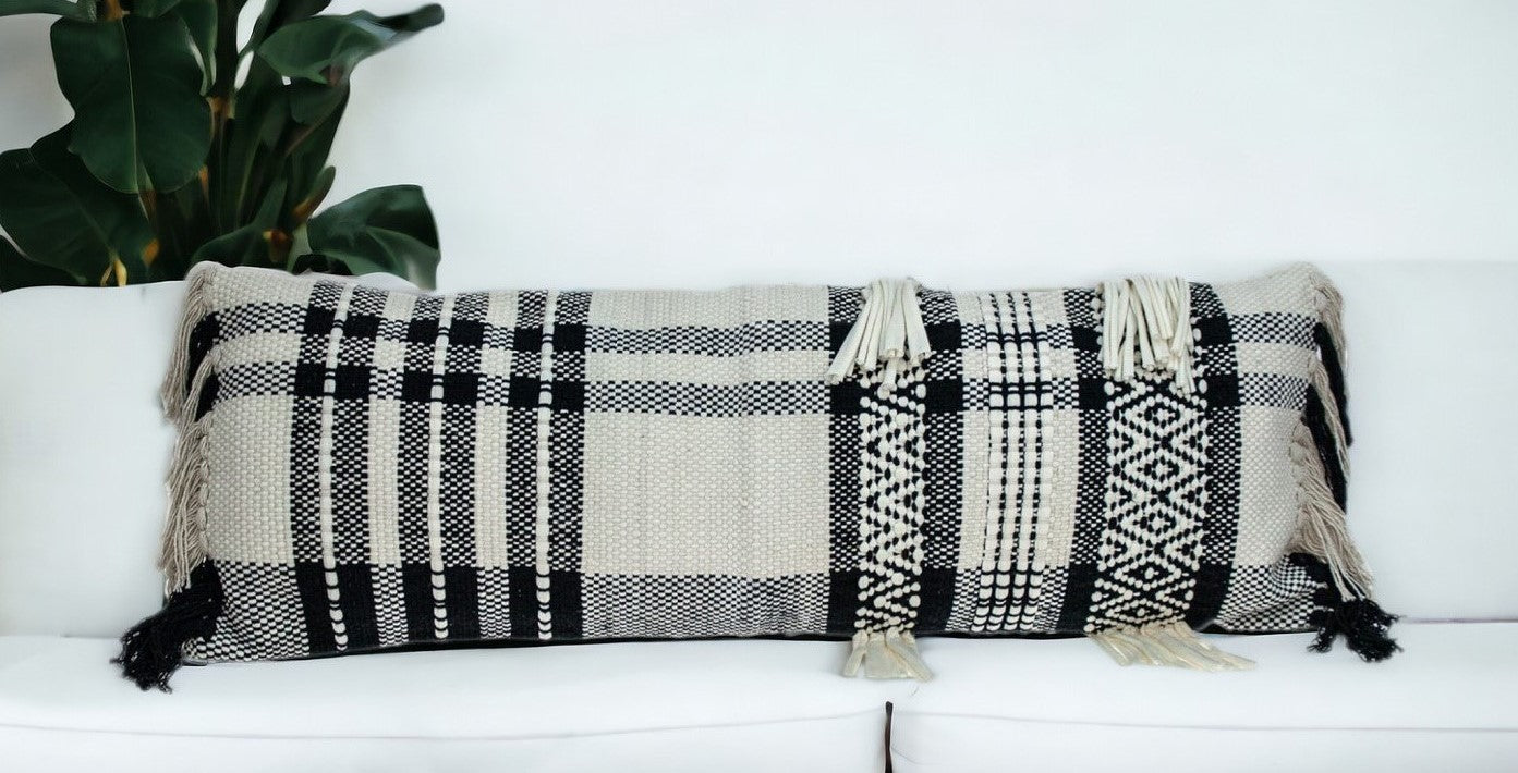 35" Black And White Geo Long Lumbar Throw Pillow