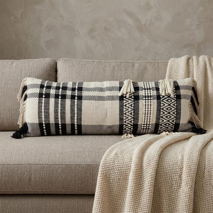 12" X 35" Black and White Plaid Cotton Lumbar Throw Pillow With Fringe