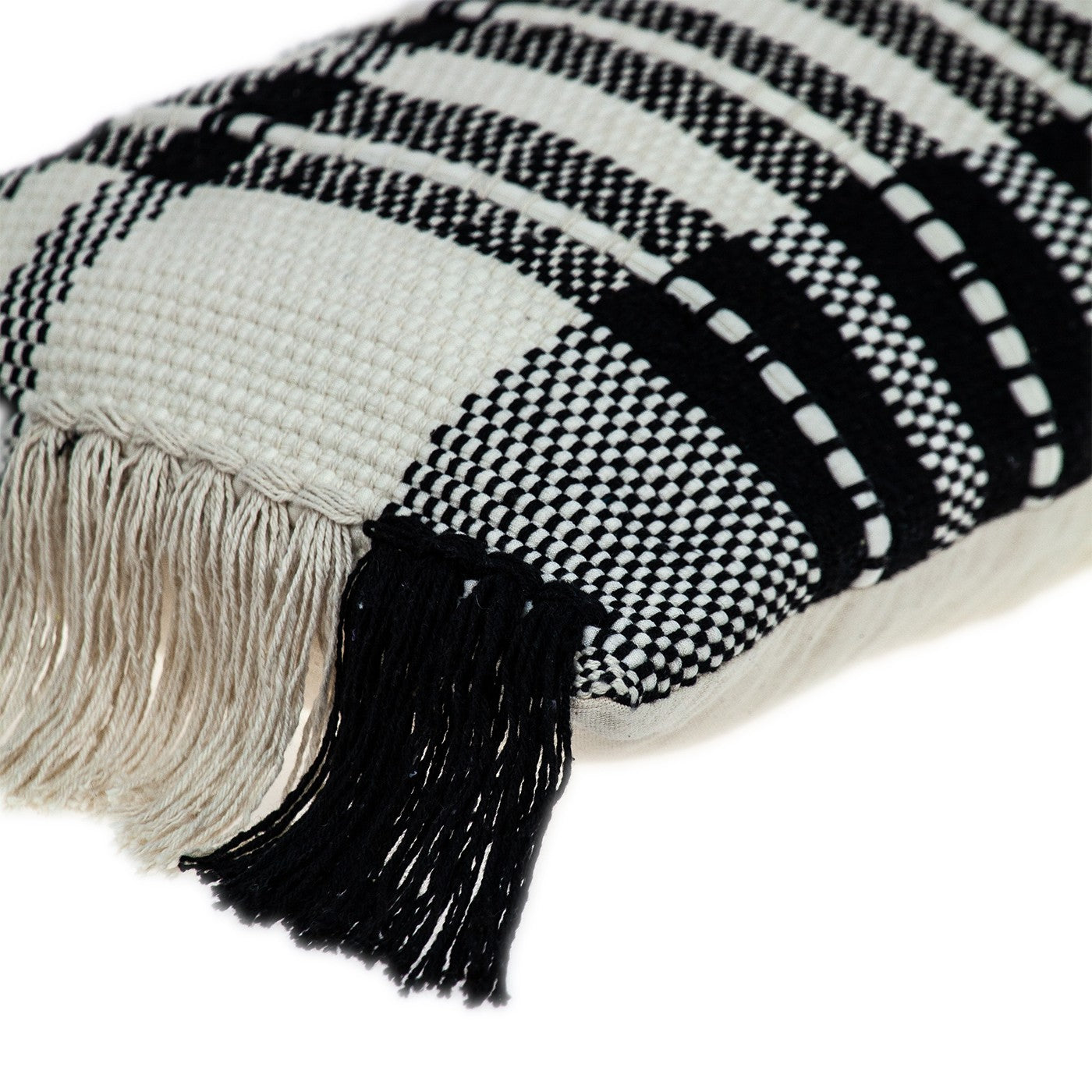 12" X 35" Black and White Plaid Cotton Lumbar Throw Pillow With Fringe