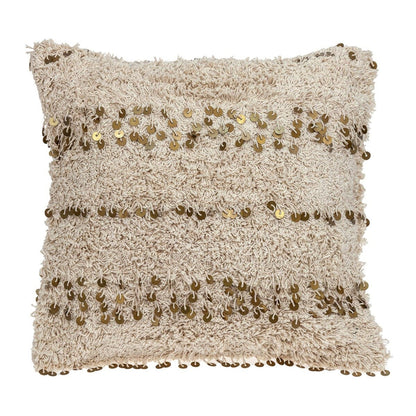 18" Beige And Gold Shaggy Cotton And Sequin Striped Throw Pillow