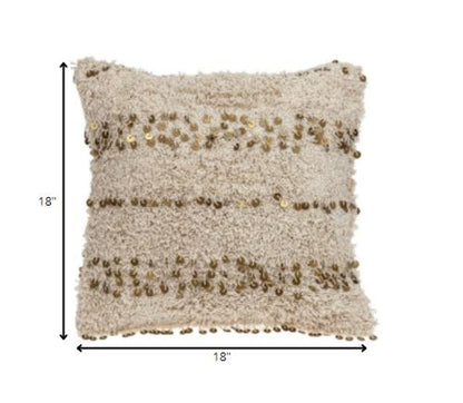 18" Beige And Gold Shaggy Cotton And Sequin Striped Throw Pillow