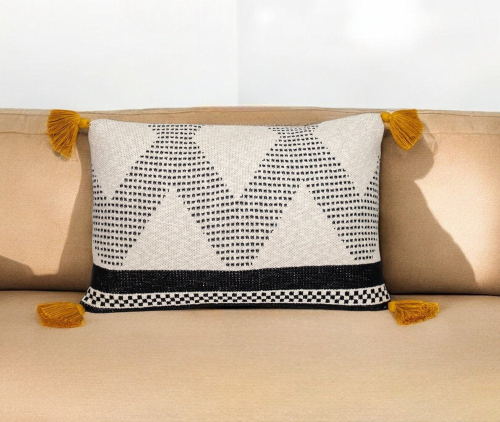 16" X 24" Beige And Black Geometric Cotton Throw Pillow with Tassels