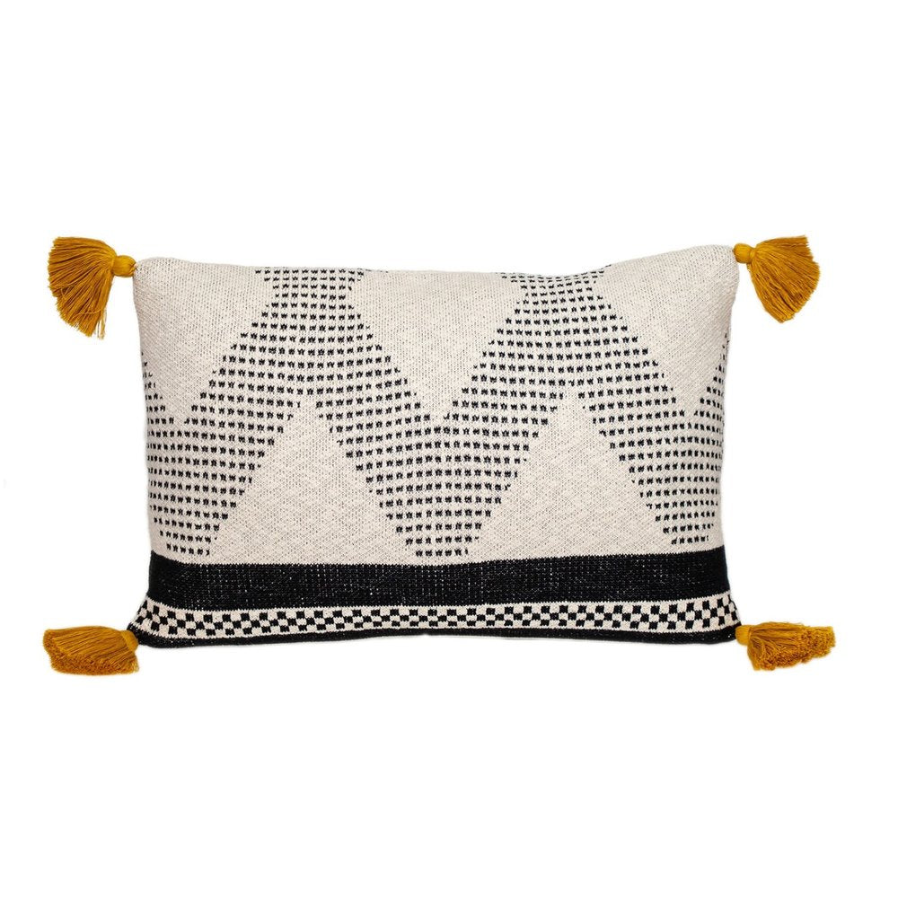 16" X 24" Beige And Black Geometric Cotton Throw Pillow with Tassels