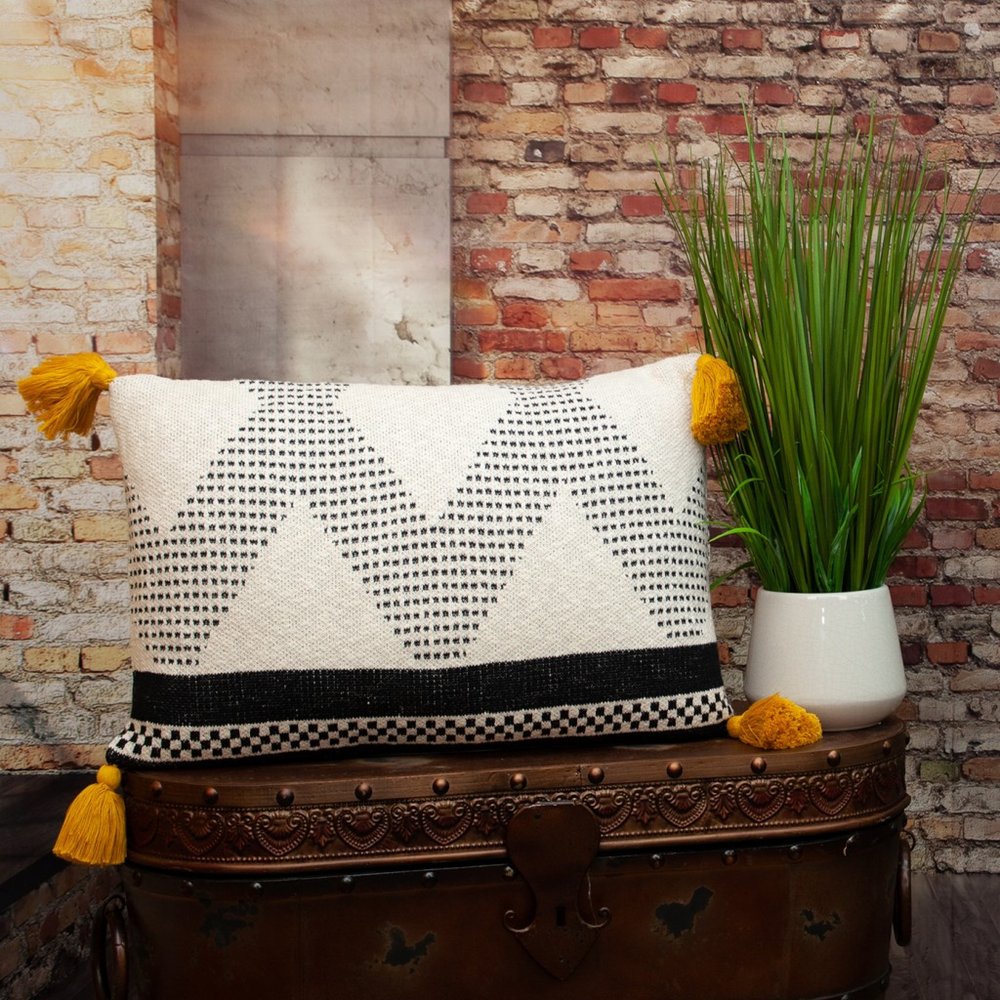 16" X 24" Beige And Black Geometric Cotton Throw Pillow with Tassels