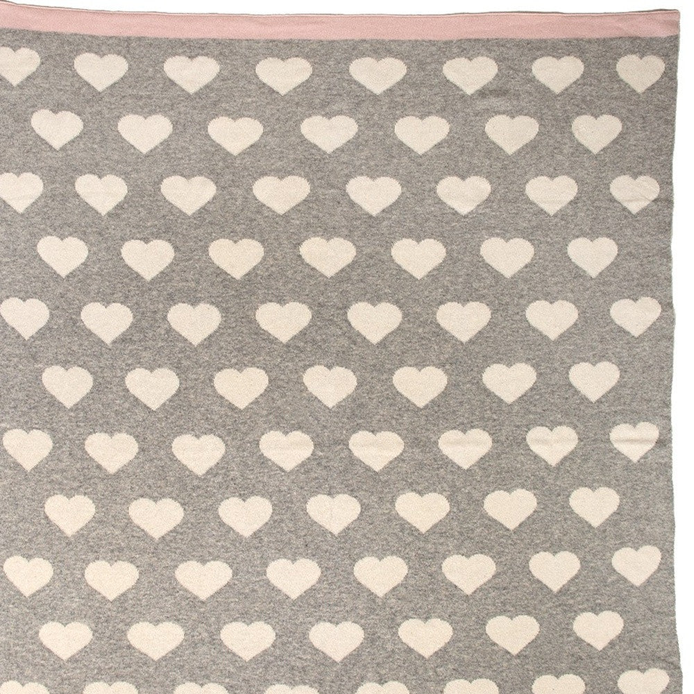 Grey And Ivory Hearts Knitted Baby Blanket