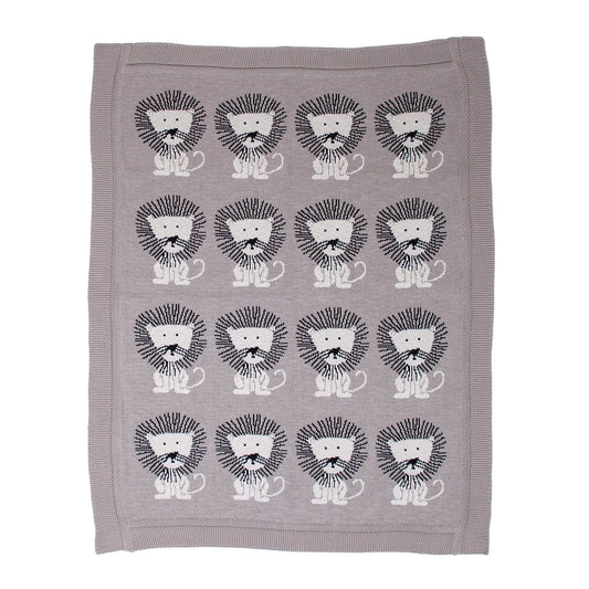 Grey Lots Of Lions Woven Knitted Baby Blanket