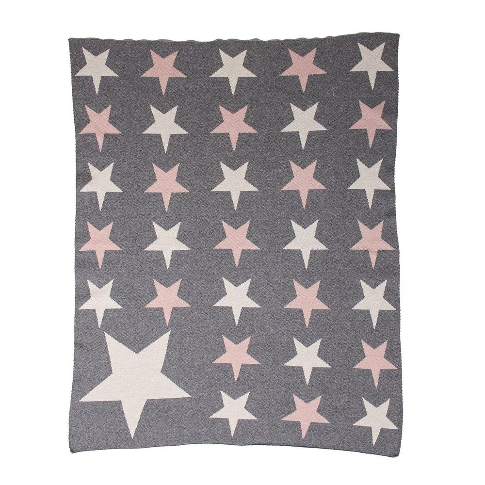 Grey Ivory And Pink Stars Knitted Baby Blanket