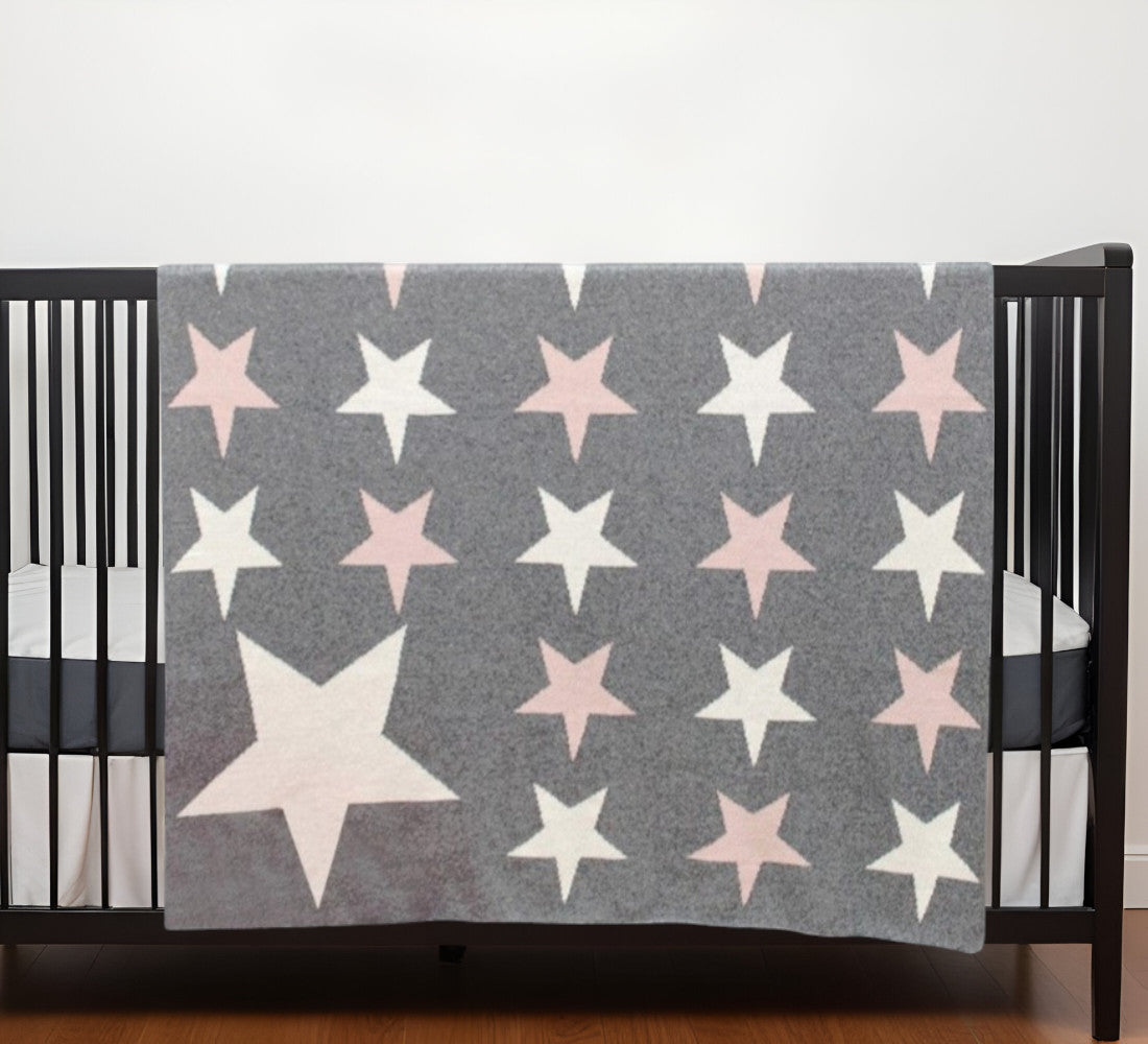 Grey Ivory And Pink Stars Knitted Baby Blanket