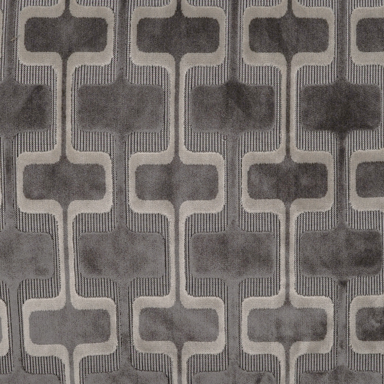 Gray geometric fabric with repeating rounded cross lattice and striped edges; modern upholstery pattern.