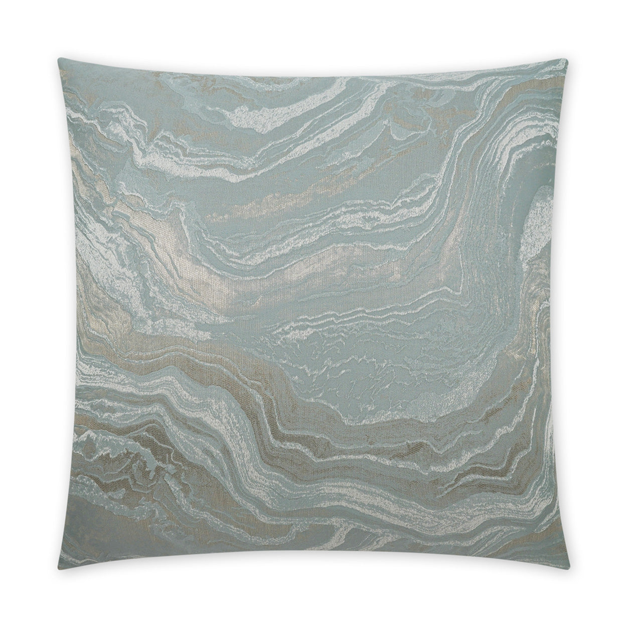 Square decorative throw pillow with blue-gray marble swirl pattern in cream and teal tones.